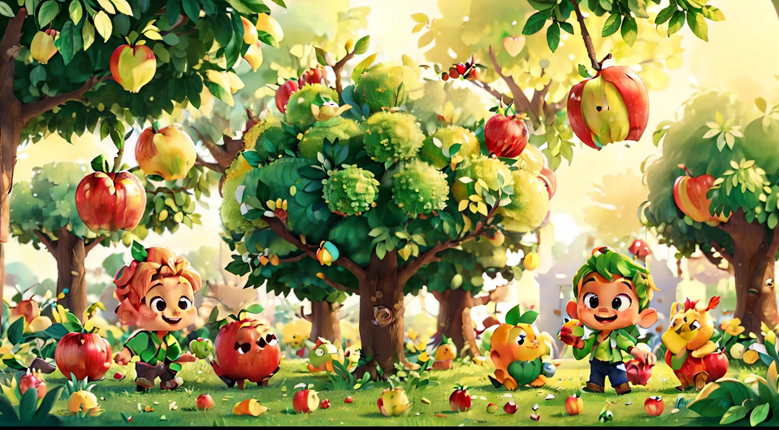 The fruit tree filled with apples of different shapes, squares, rounds, diamonds with cute eyes and bright smiles in a huge green garden, with Leo a little boy adventurous and his square apple friend