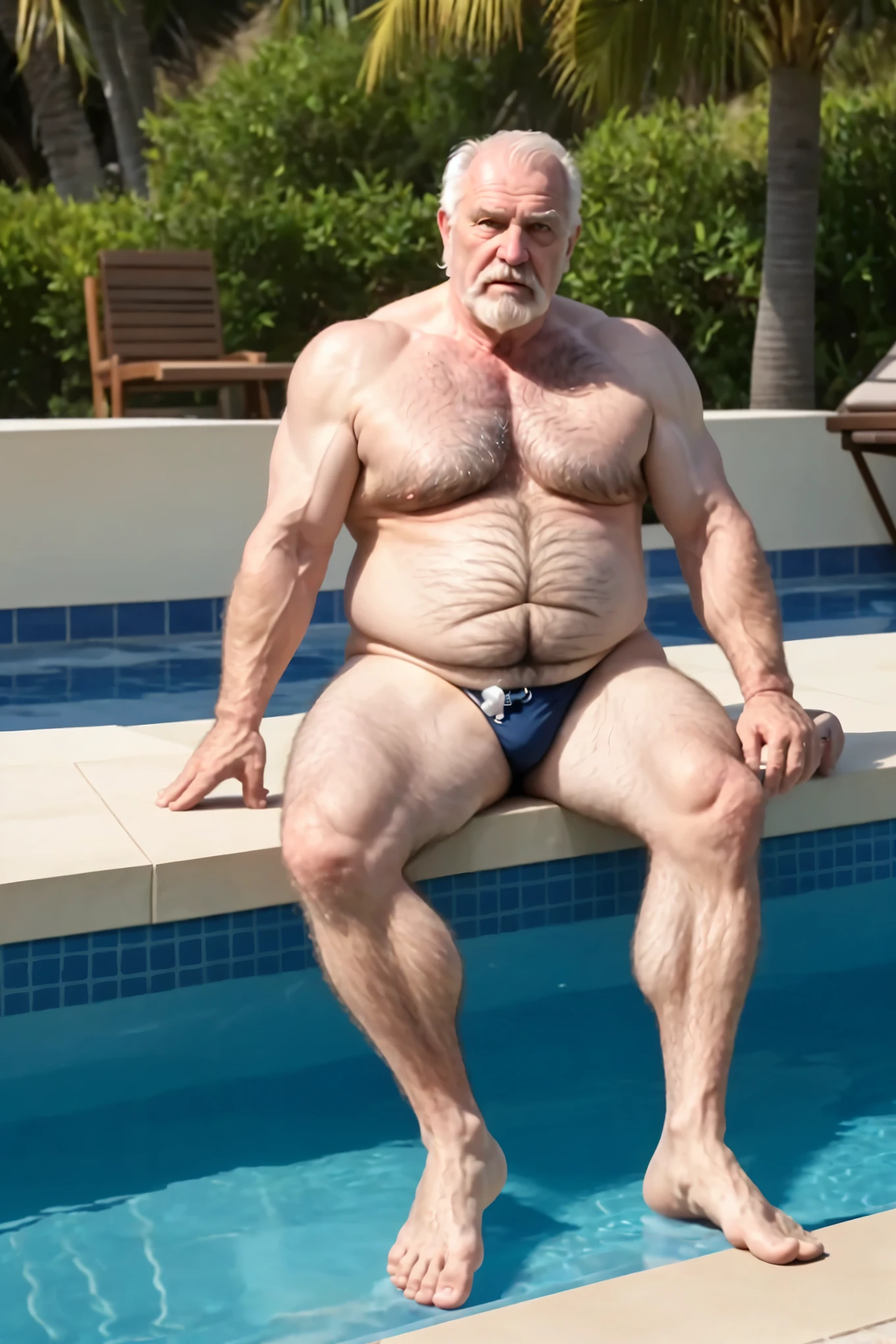 intricate designs, immersive, meticulously crafted, attention to detail, mature old man, virile, tough, plump, bulging, hairy, unshaven, white fur bodyhair, pale skin, grandpa, wet, speedo, barefoot, shows feet, poolside, sunny