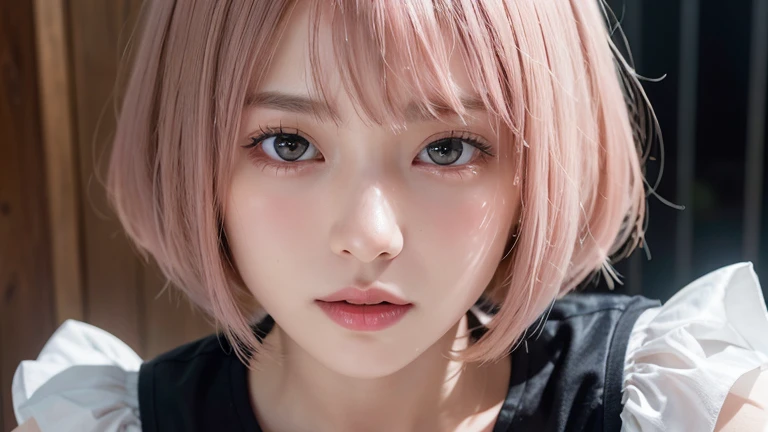 (Bob Cut Hair, Pink Hair:1.2),(Wearing black Gothic Lolita clothing:1.2),1 girl,Japanese,21 years old,(Small breasts:1.3),(highest quality,masterpiece:1.3,超A high resolution,),(Ultra-detailed,Caustics),(Photorealistic:1.4,RAW shooting,)Ultra-Realistic Capture,Very detailed,High resolution 16K human skin close-up。 Natural skin texture、,Pores、、It needs to be detailed enough to be easily identifiable。 Skin should be even-toned and healthy looking。 Use natural light and colour, Sad expression, Looking at the camera, Perfect dynamic composition, Inside the church