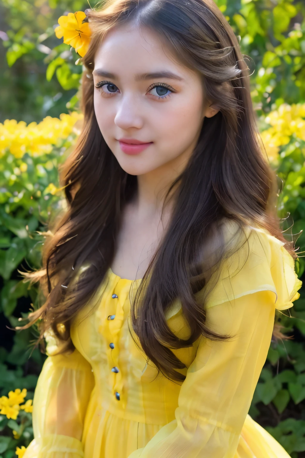 (cute girl, beautiful detailed eyes, beautiful detailed lips, extremely detailed eyes and face, long eyelashes, soft hair, playful expression, yellow dress, standing in a colorful garden, masterpiece:1.2, high-res, ultra-detailed, realistic, portrait, vivid colors, warm color tone, natural lighting)