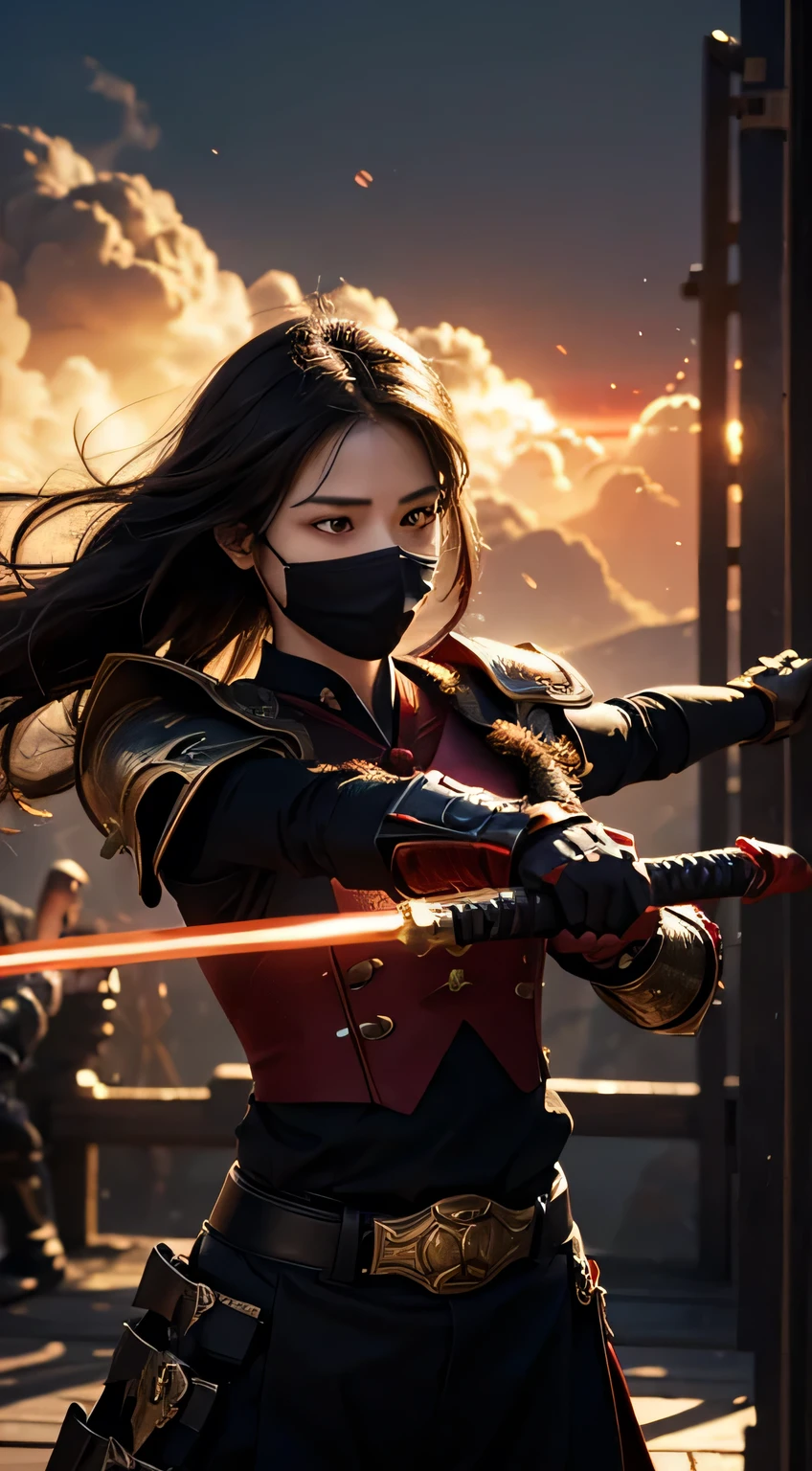 8K,Photorealsitic　Raw photography　top-quality;1.4) 　(hermosa mujer)　Super handsome　(Lifelike face)　Boy with Japan sword on his waist　Black and red samurai armor　Black and red trousers(Golden decoration),masked,　Glowing red eyes glaring at you　超A high resolution　A hyper-realistic　real looking skin　enticing　Beautiful expression　Demon Hunters of Beast City　combat scene, attack mode　Iai Slash　Intense red aura from the body(Red effect)