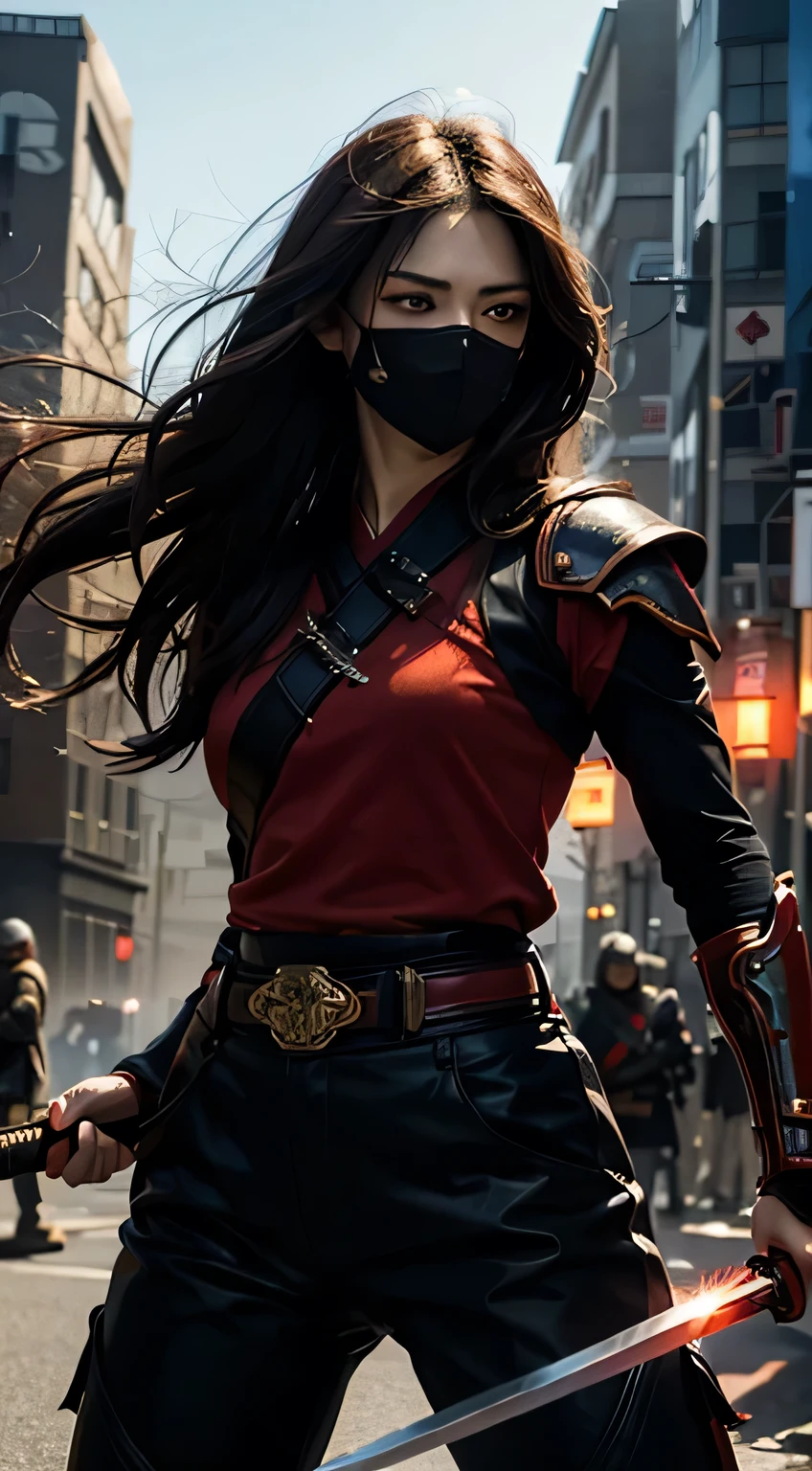8K,Photorealsitic Raw photography top-quality;1.4) (hermosa mujer) Super handsome (Lifelike face) Boy with Japan sword on his waist Black and red samurai armor Black and red trousers(Golden decoration),masked, Glowing red eyes glaring at you 超A high resolution A hyper-realistic real looking skin enticing Beautiful expression Demon Hunters of Beast City combat scene, attack mode Iai Slash Intense red aura from the body(Red effect)