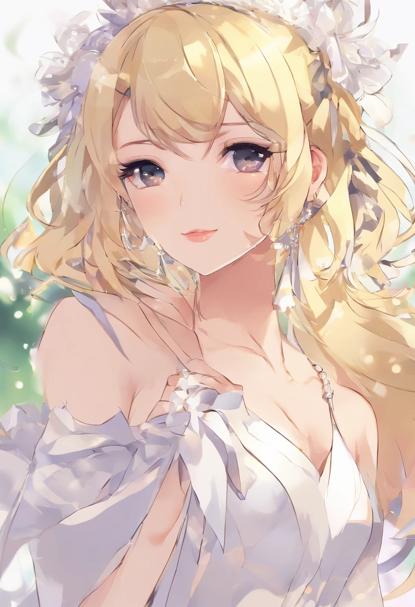 (Sweat:0.7),pale yellow wedding dress,White short skirt,woman,Japanese,Graceful Face, Beautiful Face,Exposing shoulders,The shoulders are slightly exposed,Clear skin,Iris,Black Hair,(Realistic:1.4),Realistic details, High resolution,Bokeh,Excellent details