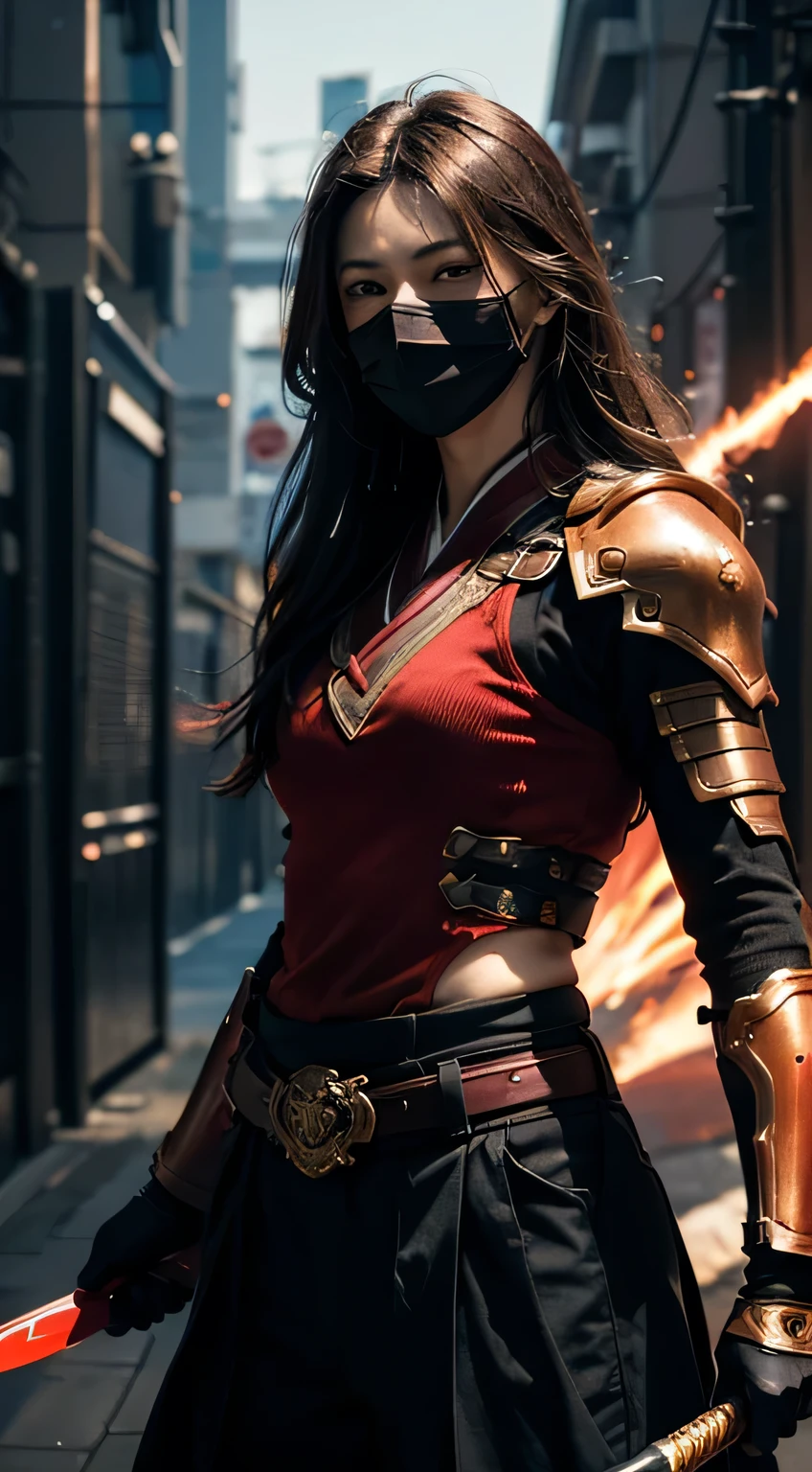 8K,Photorealsitic Raw photography top-quality;1.4) (hermosa mujer) Super handsome (Lifelike face) Boy with Japan sword on his waist Black and red samurai armor Black and red trousers(Golden decoration),masked, Glowing red eyes glaring at you 超A high resolution A hyper-realistic real looking skin enticing Beautiful expression Demon Hunters of Beast City combat scene, attack mode Iai Slash Intense red aura from the body(Red effect)