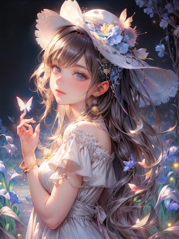 masterpiece:1.2,highest quality, 16k, ultra-realistic:1.37, beautiful detailed, cute girl, standing stylish sun shade formal hat with ribbon and vibrant colors irises ornaments, through bangs, long eyelash, sparkling eyes, shining lips, gently smile, beautiful delicate(hat, ornament, hair, face, eyelash, eyes, pupils, lips, hands, white dress, anklet), garden(flowers, irises, butterfly, pond)
