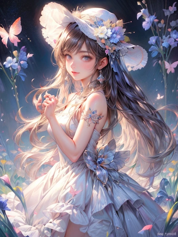 masterpiece:1.2,highest quality, 16k, ultra-realistic:1.37, beautiful detailed, cute girl, standing stylish sun shade formal hat with ribbon and vibrant colors irises ornaments, through bangs, long eyelash, sparkling eyes, shining lips, gently smile, beautiful delicate(hat, ornament, hair, face, eyelash, eyes, pupils, lips, hands, white dress, anklet), garden(flowers, irises, butterfly, pond)