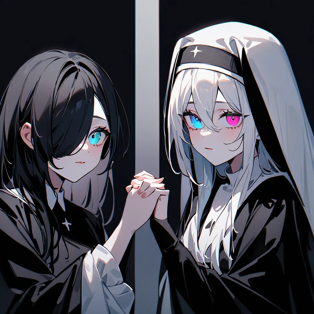 Two Girls,duo,Portraiture,pale colour,masterpiece,highest quality,so beautiful,Absurd,Alternative color,chromatic aberration,Inner hair color, High Contrast, Marble Eyes,human,habit,body,encouragement, Clutching my hands,Dark, only human,Hair on one eye, Hair between the eyes,Kneel,Black vs. White,Angels and Demons,Darkness and light