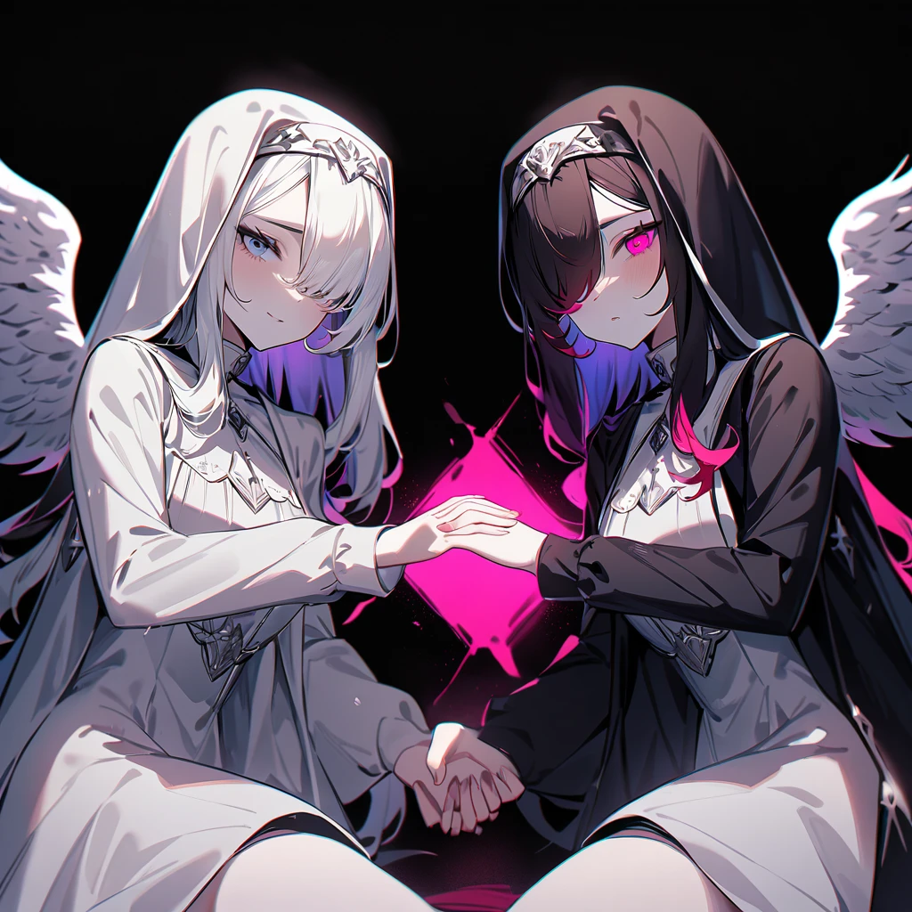 Two Girls,duo,Portraiture,pale colour,masterpiece,highest quality,so beautiful,Absurd,Alternative color,chromatic aberration,Inner hair color, High Contrast, Marble Eyes,human,habit,body,encouragement, Clutching my hands,Dark, only human,Hair on one eye, Hair between the eyes,Kneel,Black vs. White,Angels and Demons,Darkness and light