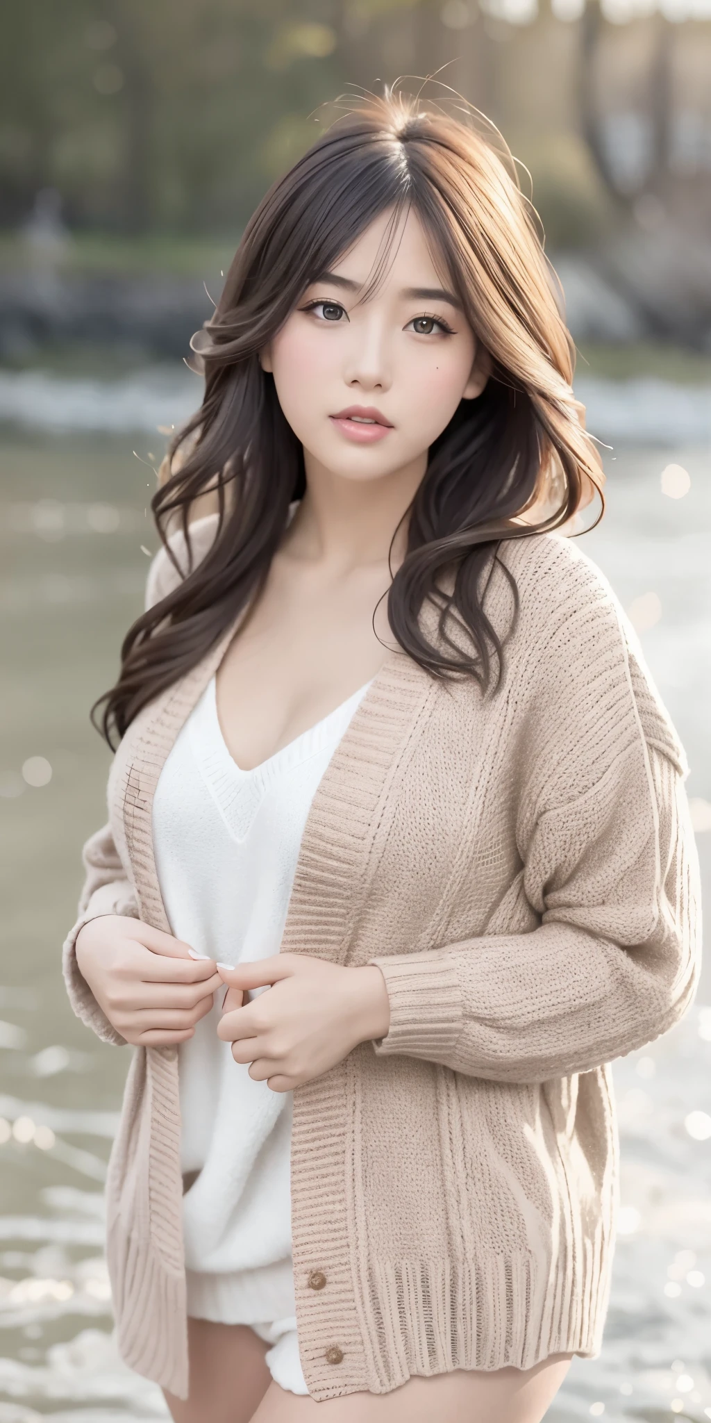 1girl walking on the river, mix4, sweater, pillow, lips, open_mouth, realistic, photo_\(medium\), solo, stuffed_animal, stuffed_toy, teddy_bear,(masterpiece),(photorealistic:1.3), ultra-detailed, (high detailed skin:1.2),(best quality:1.0), (ultra highres:1.0), (ulzzang-6500:0.3), wavy detailed hair, long hair, sunshine, (beautiful detailed makeup), (sexually aroused blushing heavy breathing:1.0), floral theme flower petals scattered, (soft glow bloom:0.5)