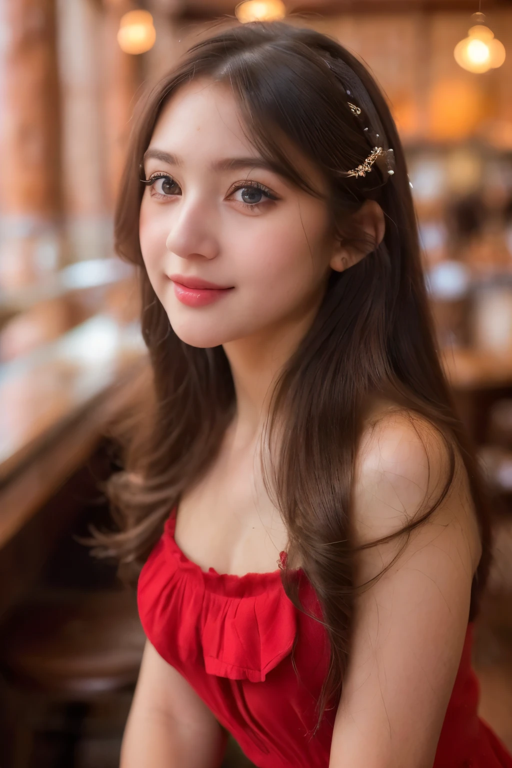 (cute girl, beautiful detailed eyes, beautiful detailed lips, extremely detailed eyes and face, long eyelashes, soft hair, playful expression, red dress, standing in a fromt of cafe, masterpiece:1.2, high-res, ultra-detailed, realistic, portrait, vivid colors, warm color tone, natural lighting)