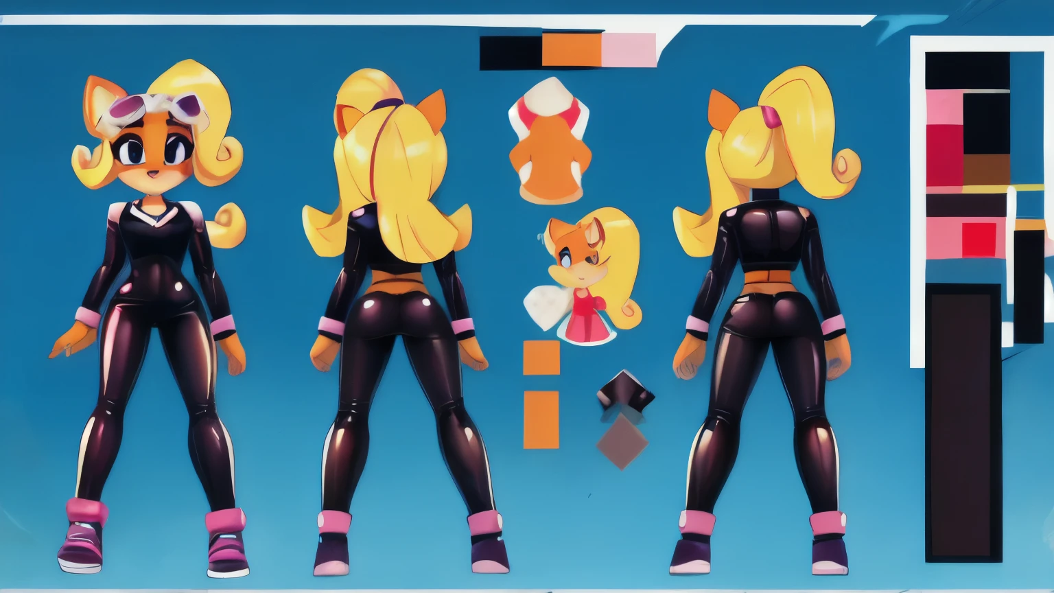 Girl Coco bandicoot. Wears a black latex suit, blushes, shy. stands at attention, hands at your sides, reference sheet, model sheet