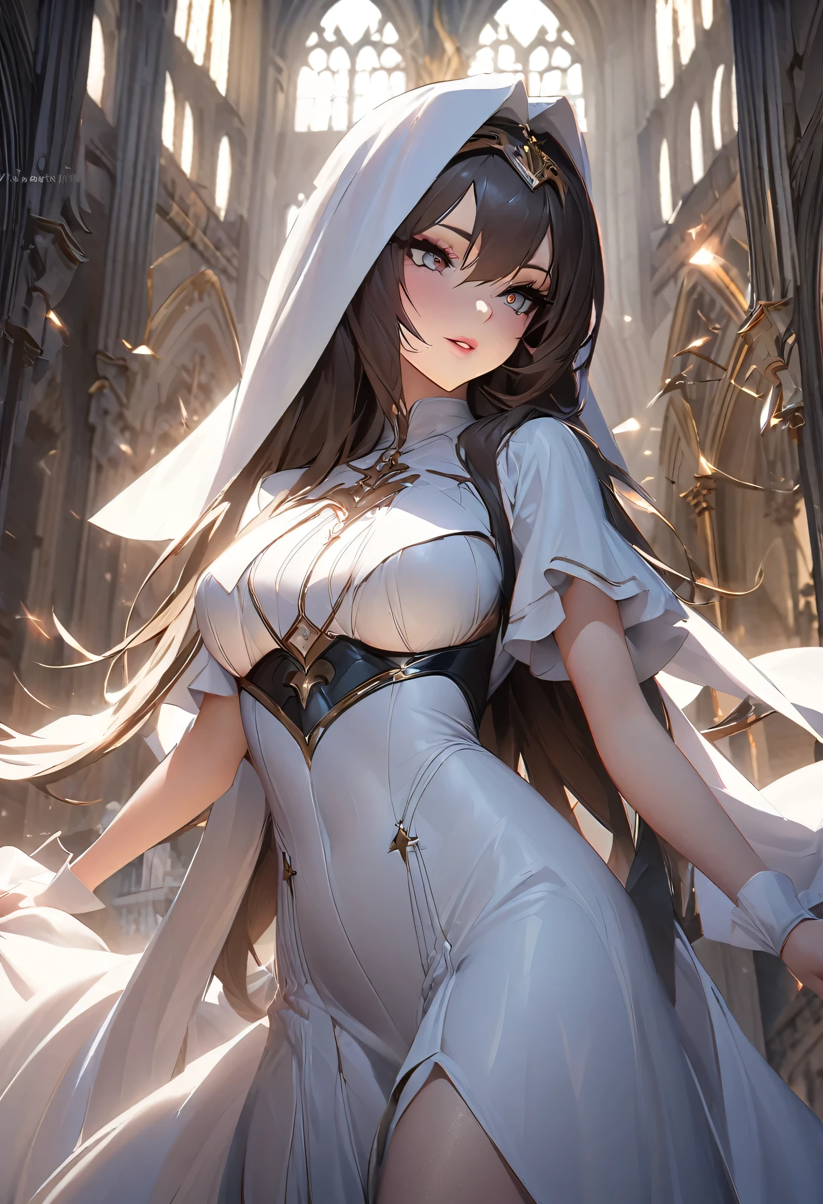 Animated girl in a French Sister church outfit, exuding a seductive allure, stands before the hallowed walls of a majestic French church. She dons the elegant habit of a Good Sister, its pristine white fabric contrasting sharply with her bold, sultry expression. Des chevaliers, knights in shining armor, gaze upon her, entranced by her enchanting charm. This seductive animated girl is a trending sensation, celebrated as the best rated on Pixiv and Tendances sur ArtStation, making hearts race in the anime community. Hailing from the popular game Azur Lane, she embodies the style voie d'azur with her captivating presence, bo