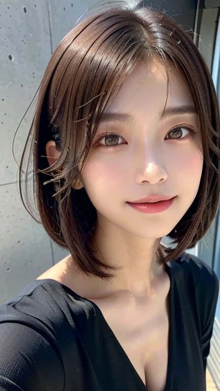 (((Close-up of face)))、(((Absolutely shoulder-length brown straight short bob)))、(((She is posing like a hair salon model, with a black wall indoors as the background.)))、(((Casual black winter long sleeves with shoulders covered)))、Half Japanese, half Korean、18 year old girl、Standing Alone、Looking forward、Light eye makeup、Brown Hair Color、Flat and 、Hair blowing in the wind、Actress Quality、Glossy, ultra-realistic face、Smiling face、Watery eyes、Gazing Up、Subtle lighting effects、 Ultra-Realistic Capture、Very detailed、High resolution 16K close up of human skin。Skin texture must be natural、The details must be such that pores can be clearly seen、The skin is healthy、Uniform tone、Use natural light and colors、A worn-out, high-quality photo taken by a model agency's in-house photographer.、smile、(((SIGMA 300 mm F/1.4,1/1000 sec shutter,ISO 400)))