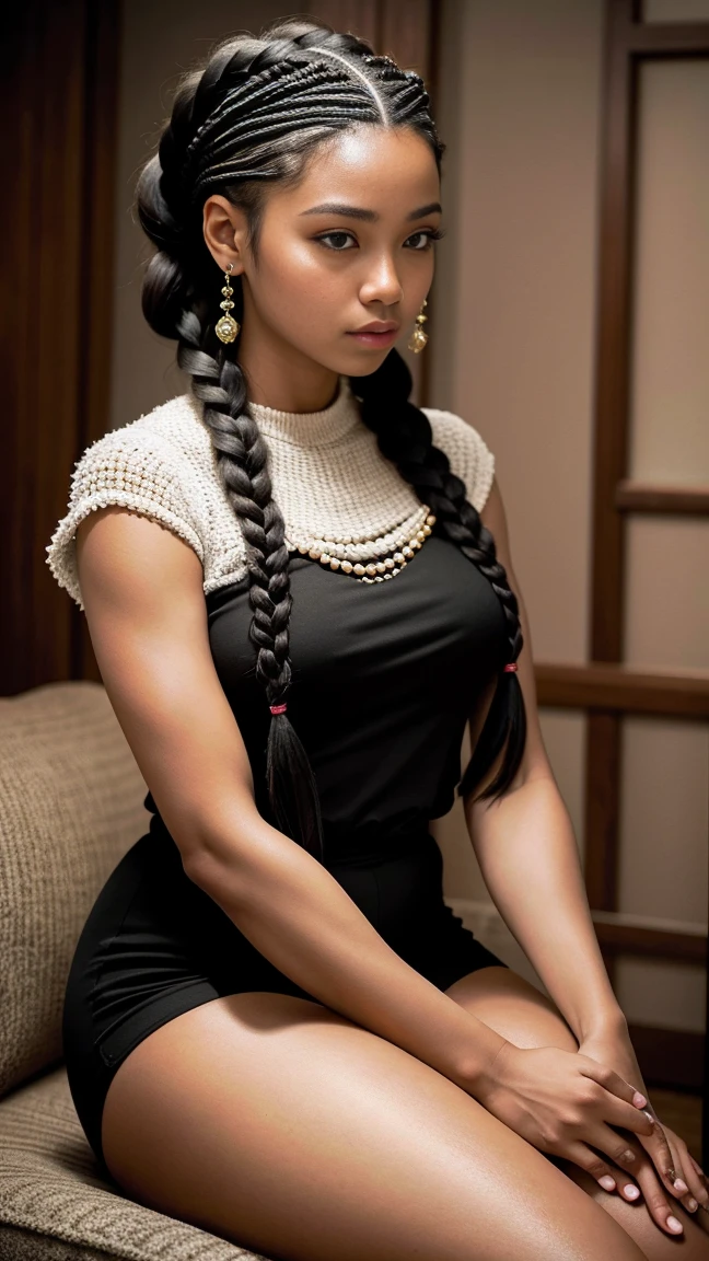 A refined description of the scene you described:
A woman in tight black shorts with hair braided in a complex and elegant style is depicted in a stunning scene. Your braided hair displays a variety of patterns and textures, demonstrating skill and art in creating the hairstyle.
The woman is portrayed with a confident and proud posture, destacando sua beleza e autenticidade. Your facial features are distinct and expressive, reflecting your individuality and inner strength.
The scene is softly lit, highlighting the details of the braided hair and the beauty of the woman. Your presence is captivating, conveying a sense of grace and determination.
This depiction of a black woman with braided hair is a celebration of black culture and beauty., capturing the elegance and pride of a traditionally significant hairstyle.