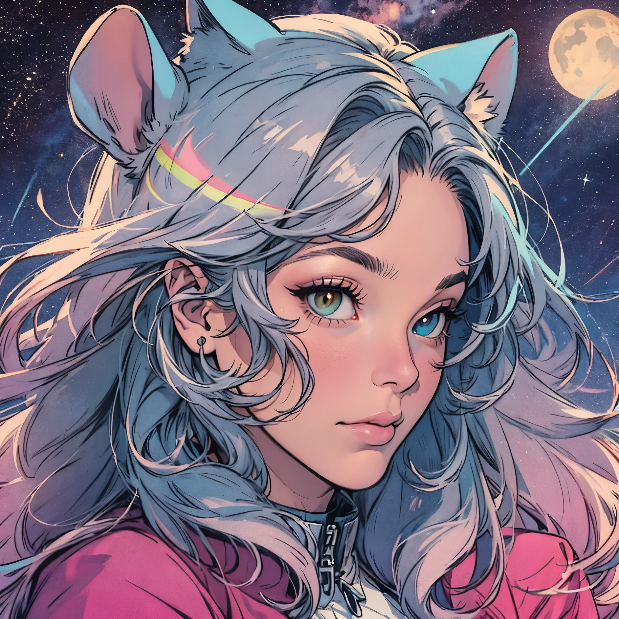 ultimate best quality,beautiful woman,speech bubble,big brest,60s,70s,80s,colorful,((Heterochromia)),various angle,beautiful starry sky, artificial eye