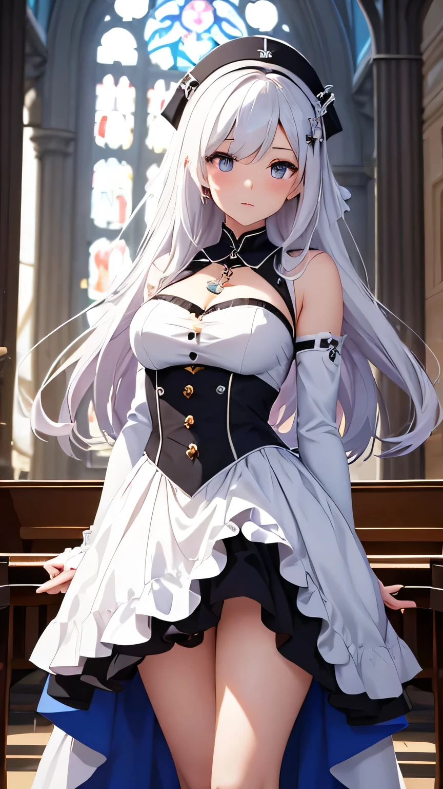Animated girl in a French Sister church outfit, exuding a seductive allure, stands before the hallowed walls of a majestic French church. She dons the elegant habit of a Good Sister, its pristine white fabric contrasting sharply with her bold, sultry expression. Des chevaliers, knights in shining armor, gaze upon her, entranced by her enchanting charm. This seductive animated girl is a trending sensation, celebrated as the best rated on Pixiv and Tendances sur ArtStation, making hearts race in the anime community. Hailing from the popular game Azur Lane, she embodies the style voie d'azur with her captivating presence, bo
