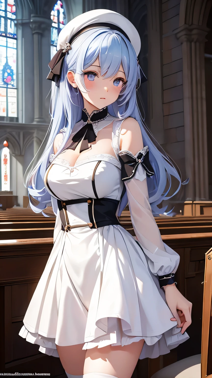 Animated girl in a French Sister church outfit, exuding a seductive allure, stands before the hallowed walls of a majestic French church. She dons the elegant habit of a Good Sister, its pristine white fabric contrasting sharply with her bold, sultry expression. Des chevaliers, knights in shining armor, gaze upon her, entranced by her enchanting charm. This seductive animated girl is a trending sensation, celebrated as the best rated on Pixiv and Tendances sur ArtStation, making hearts race in the anime community. Hailing from the popular game Azur Lane, she embodies the style voie d'azur with her captivating presence, bo