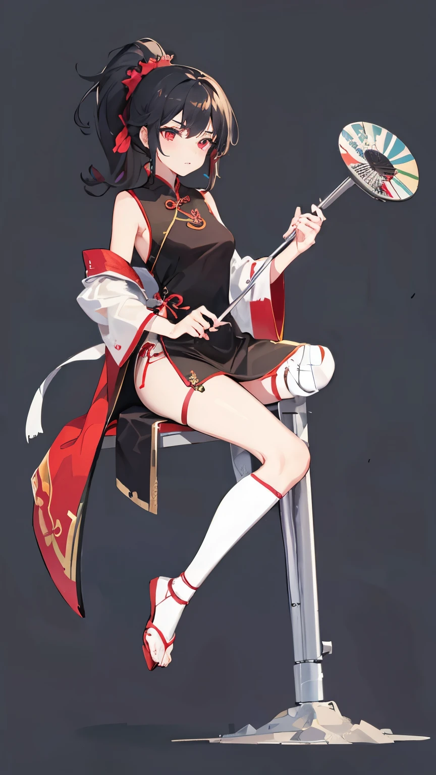 A girl with a disability,high quality,Highest quality,Full body picture,Long one leg,Simple background,Simple posture,On crutches,antiquity,cheongsam,Amputated Leg,The leg is broken,High Ponytail,One-leg stance,Holding a fan,Bandages for broken limbs