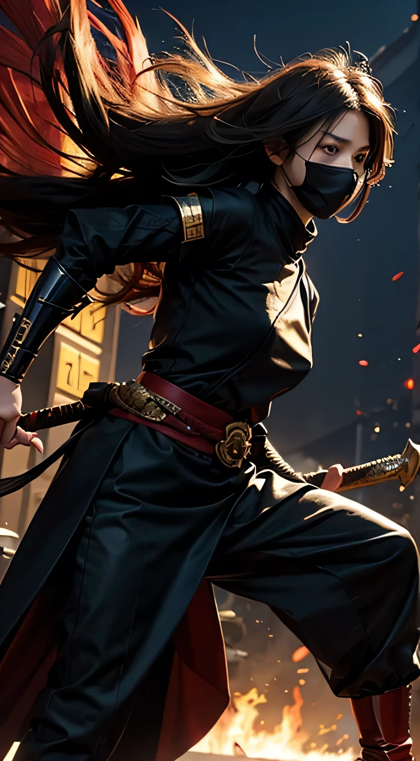 8K,Photorealsitic Raw photography top-quality;1.4) (hermosa mujer) Super handsome (Lifelike face) Boy with Japan sword on his waist Black and red samurai armor Black and red trousers(Golden decoration),masked, Glowing red eyes glaring at you 超A high resolution A hyper-realistic real looking skin enticing Beautiful expression Demon Hunters of Beast City combat scene, attack mode Iai Slash Intense red aura from the body(Red effect)