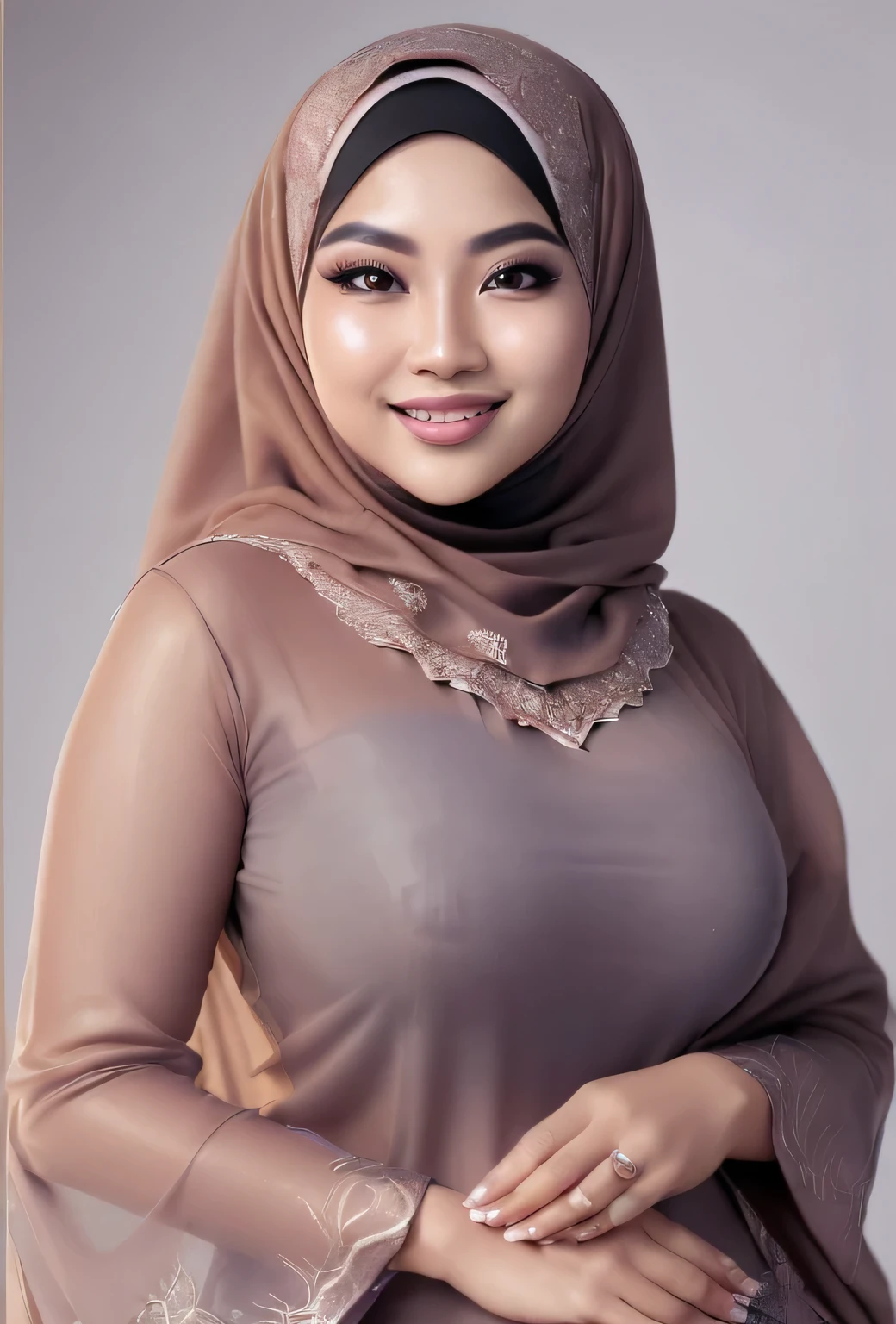 RAW, Best quality, high resolution, masterpiece: 1.3), beautiful Malay woman in hijab (iu:0.8)1beautiful  Malay woman in hijab wearing modern youth Muslim clothing,big breast, modern muslim fashion, flowing shawl, portrait photography, mid shot photo, ultra detail, professional photo with professional lighting, smile, random background, sexy seductive pose, curvy ,