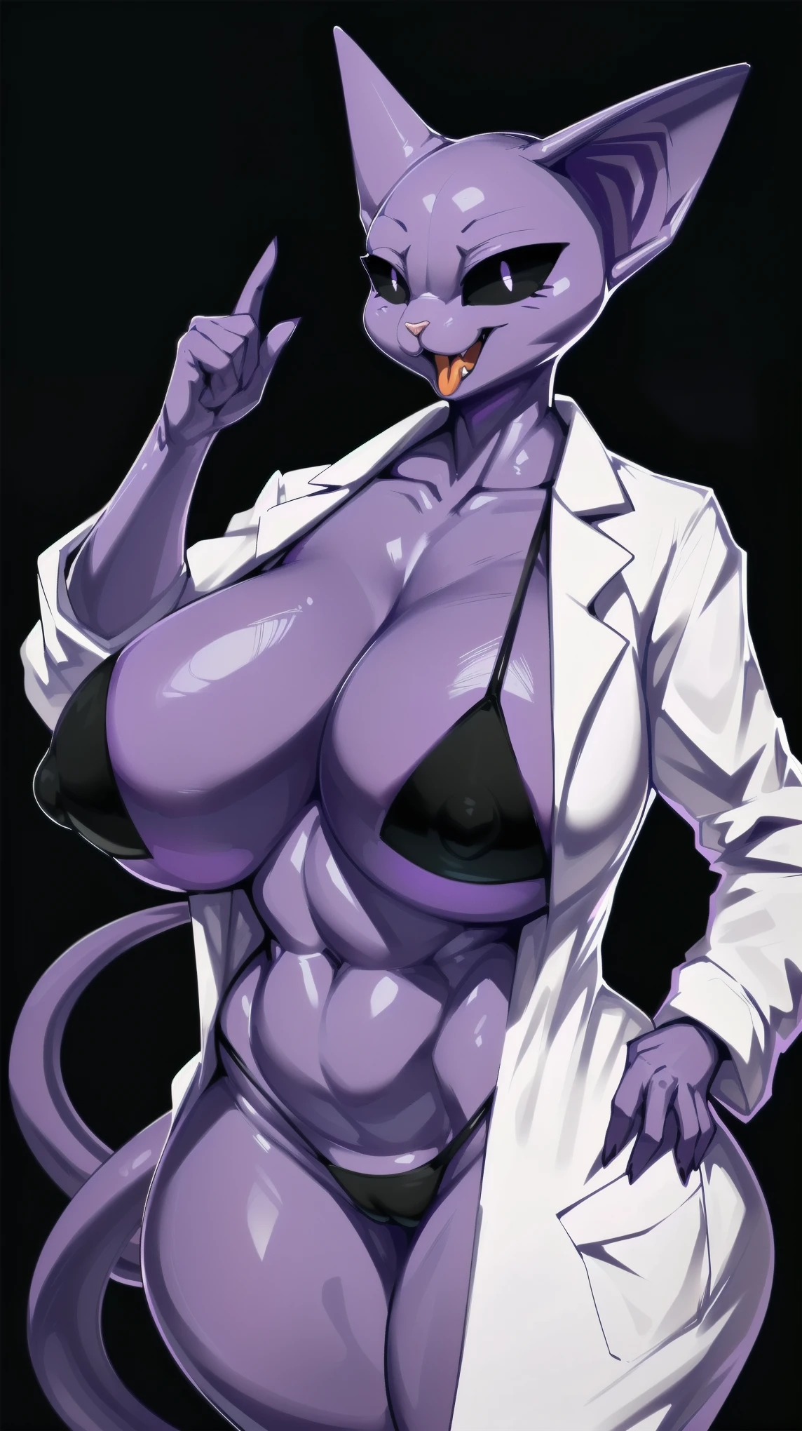(((sfw)), ((((black microbikini:1)))) bikini((made by zackary911:1 art style)), ((adorable cute cat face)), (colors her skin and face purple:1), focus on the female furry cat, ((small and tiny cat female body)), ((superiority and perfect body) ), ((female bald cat face dressed only in a white scientist's lab coat and a black Micro Bikini :1)), ((no hair anywhere on her body, no skin, total baldness, baldness:1)), masterpiece, Best quality, purple body and face color, a furry and feminine woman is a cute cat with purple hair, orange cat tongue, no hair anywhere on her body, pink cat nose, bare skin, big thighs, big tits and natural, big breasts, ((Hourglass figure)), (1.4), huge , thick, thick body, sexy massive female, Perfect body, big breasts, big ass, Perfect body, masterpiece, Best quality, full figure, voluptuous SEXY body, smooth. Perfect, athletic body, purple nipples, large oval eyes with black sclera and white pupils, orange tongue, ((purple inside her cat ears)), light pink cat nose, black and white eyes, ((long tail of dark purple color)), ((completely smooth face)), ((violet female sphinx cat face)), ((sphynx cat head)), orange cat tongue, adorable face, ((Cute face)), voluptuous cat woman, ((white scientist lab coat)), furry cat with an happy face expression, ((happy face)), happy face, venus Perfect body, ((only 2 cat ears Normal purple, no hair on the head:1)), completely, high quality, masterpiece, adorable and sexy, Beautiful adorable Perfect body, violet color of the body and the face, big black eyes with white iris, cat mouth, cat teeth, bald body, on a romantic date, ((made by art style zackary911:1)