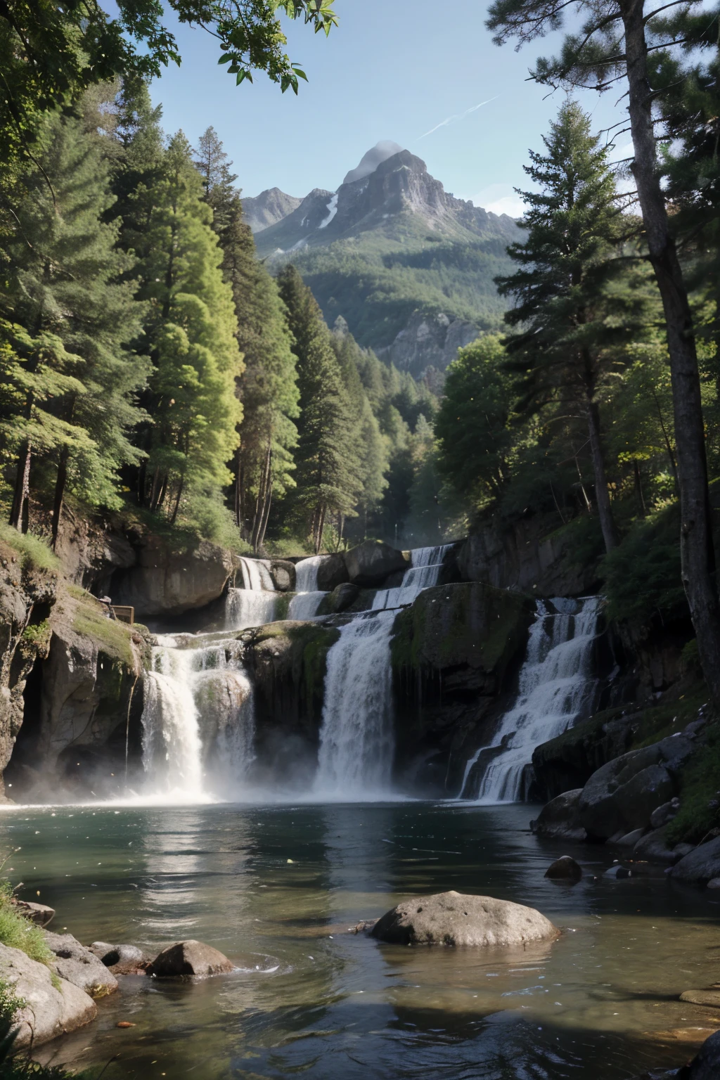 3d
scene of mountains with waterfall and tress