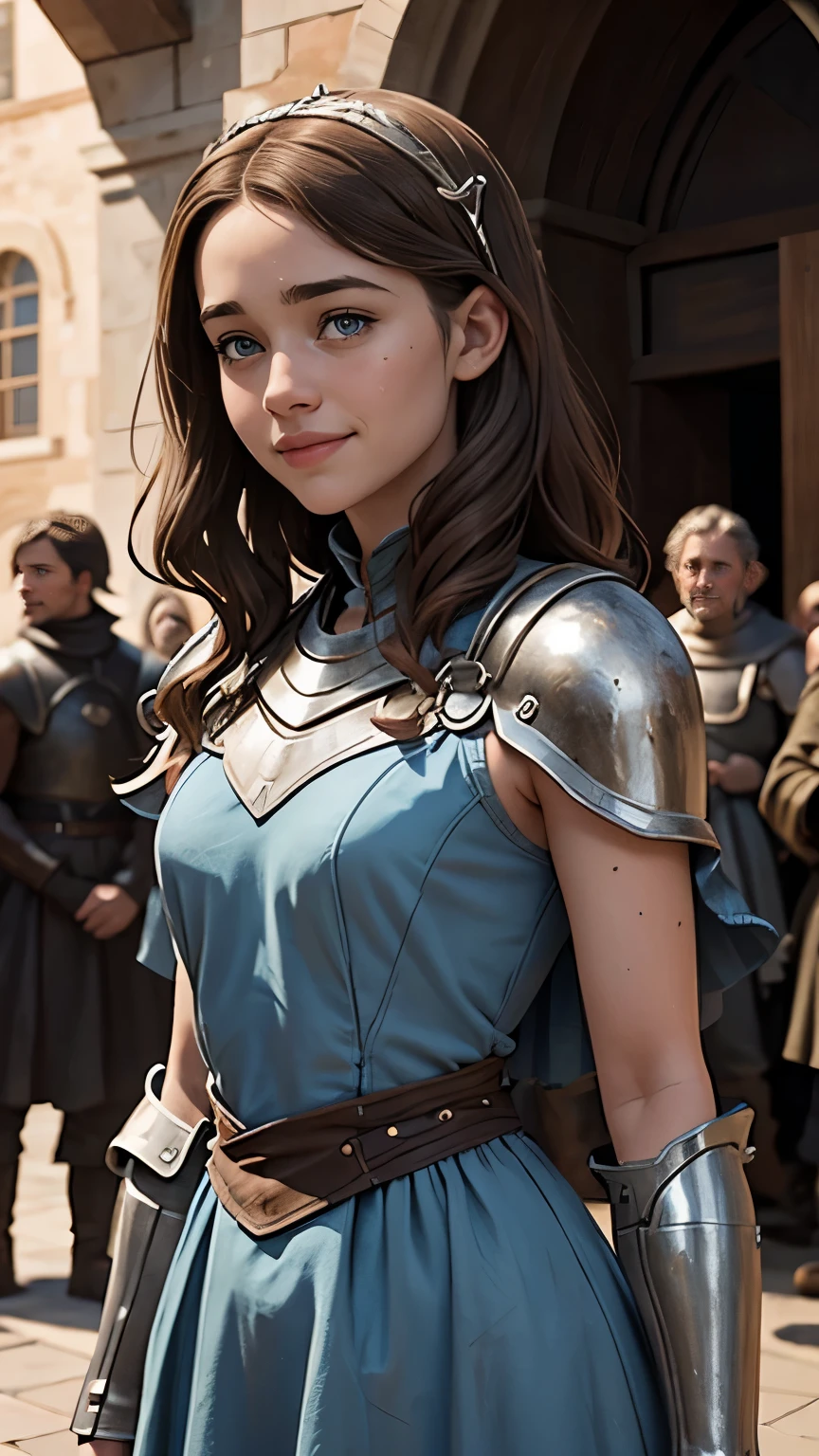 Foto hiperrealista en primer plano de Willa Fitzgerald, Create dystopian masterpieces, scene from the Game of Thrones movie, the entire figure dressed in Game of Thrones style, light blue dress with armor accessories, om a medieval market square, beautiful woman, skinny, small breasts, straight brown hair, detailed face, smile smile, photo taken from a distance, age 20 tears old