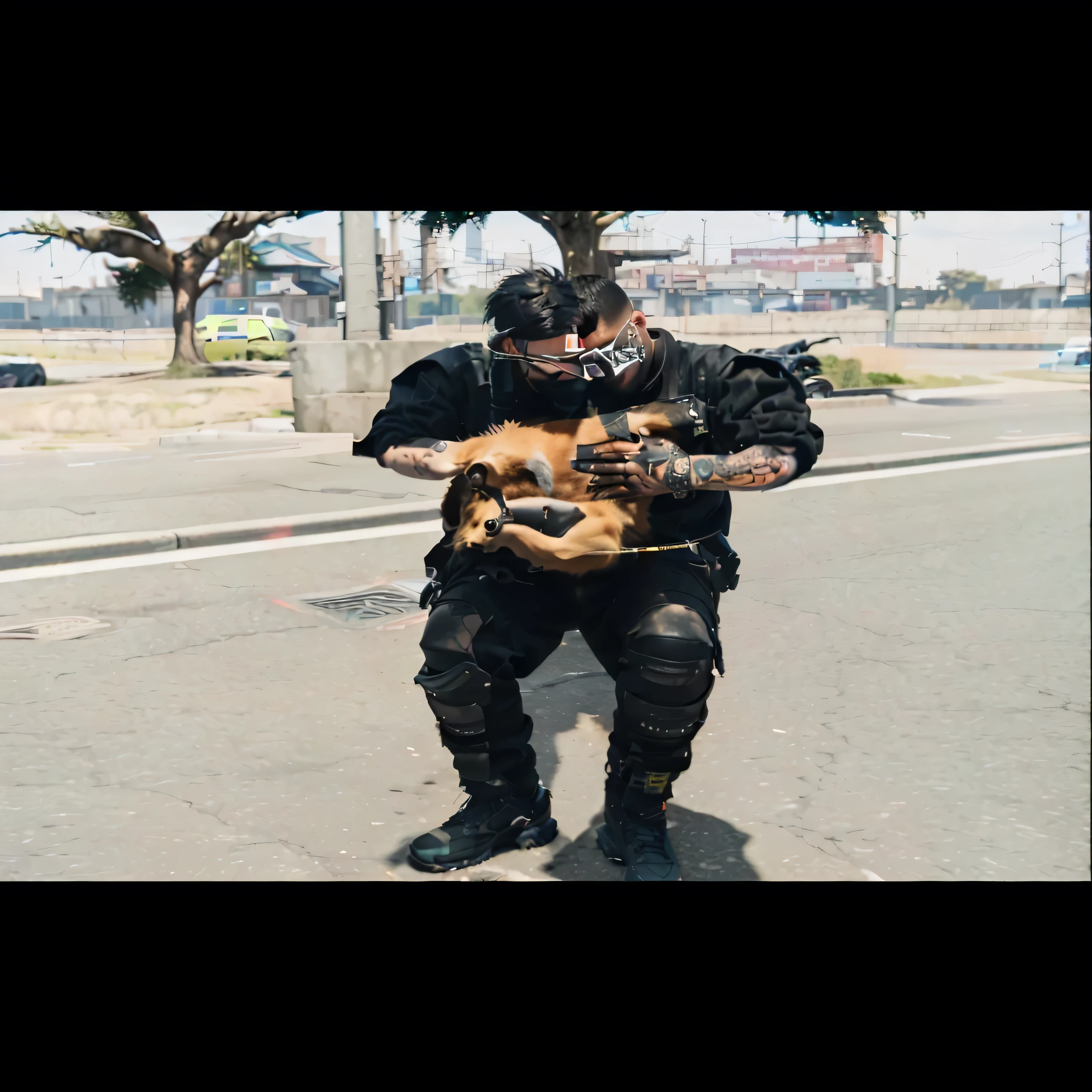 a close up of a person holding a dog on a street, highly detailed full body, mechanic punk outfit, cyberpunk street goon, full body shot hyperdetailed, 8 k highly detailed ❤🔥 🔥 💀 🤖 🚀, highly aesthetic, wearing urban techwear, gta v street style, detailed full body, in the style of sifu 🔥 😎 🕹️ 👀 :2