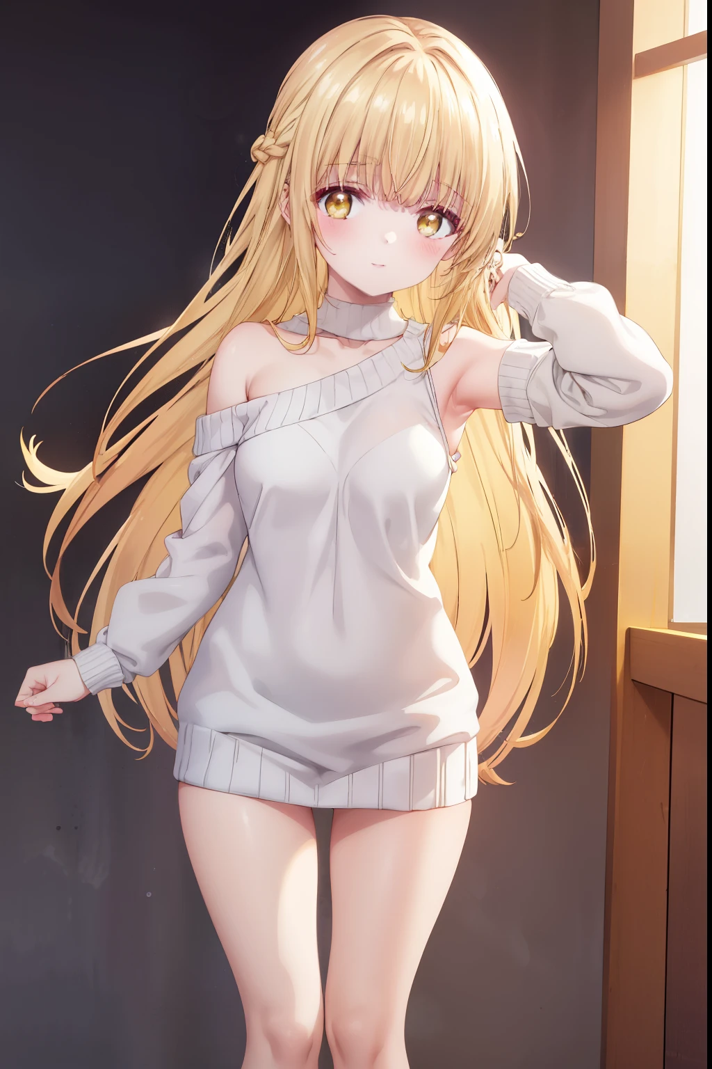 Mahiru shiina, , blonde, (Yellow Eyes:1.3)、Braided long hair,,blush,smile,Daytime、Captivating thighs、Beautiful bare legs, Sidehowing armpits、Shoulder Bare、The clavicle is visible、Armpit Show、Sideboobが見える、セクシーなknit sweater 
No sleeve 
body line 
arm pit、very cute
（masterpiece:1.2), highest quality, High resolution, unity 8k wallpaper, (shape:0.8), (Beautiful and beautiful eyes:1.6), Highly detailed face, Perfect lighting, Highly detailed CG, (Perfect hands, Perfect Anatomy),