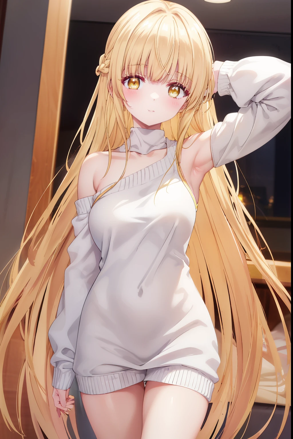 Mahiru shiina, , blonde, (Yellow Eyes:1.3)、Braided long hair,,blush,smile,Daytime、Captivating thighs、Beautiful bare legs, Sidehowing armpits、Shoulder Bare、The clavicle is visible、Armpit Show、Sideboobが見える、セクシーなknit sweater
No sleeve
body line
arm pit、very cute
(masterpiece:1.2), highest quality, High resolution, unity 8k wallpaper, (shape:0.8), (Beautiful and beautiful eyes:1.6), Highly detailed face, Perfect lighting, Highly detailed CG, (Perfect hands, Perfect Anatomy),