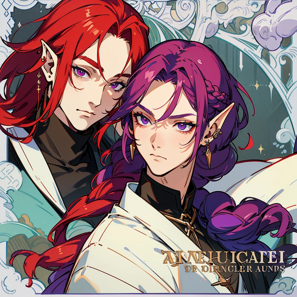 a half-elf and human, with long braided red hair and purple eyes, a man with a handsome but also beautiful face who likes to wear an earring in one ear. 