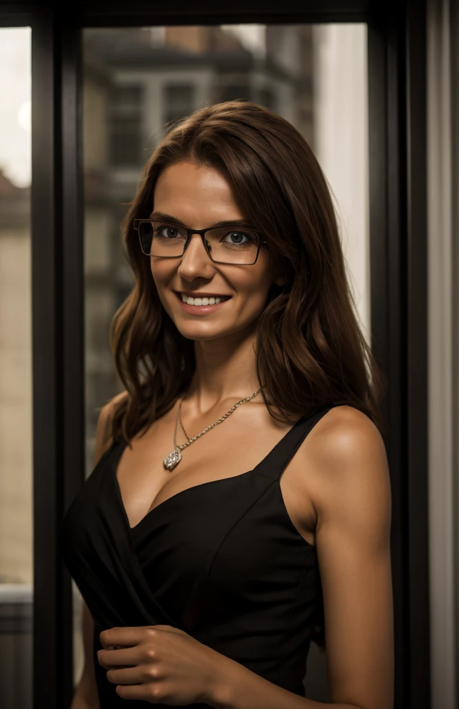 smiling woman in black dress with glasses and necklace standing in front of window, portrait image, katinka reinke, ewa juszkiewicz, tifa lockaert, portait image, johannen voss, mia kischner, johanna rupprecht, aleksandra waliszewska, marthe jonkers, half-body portrait