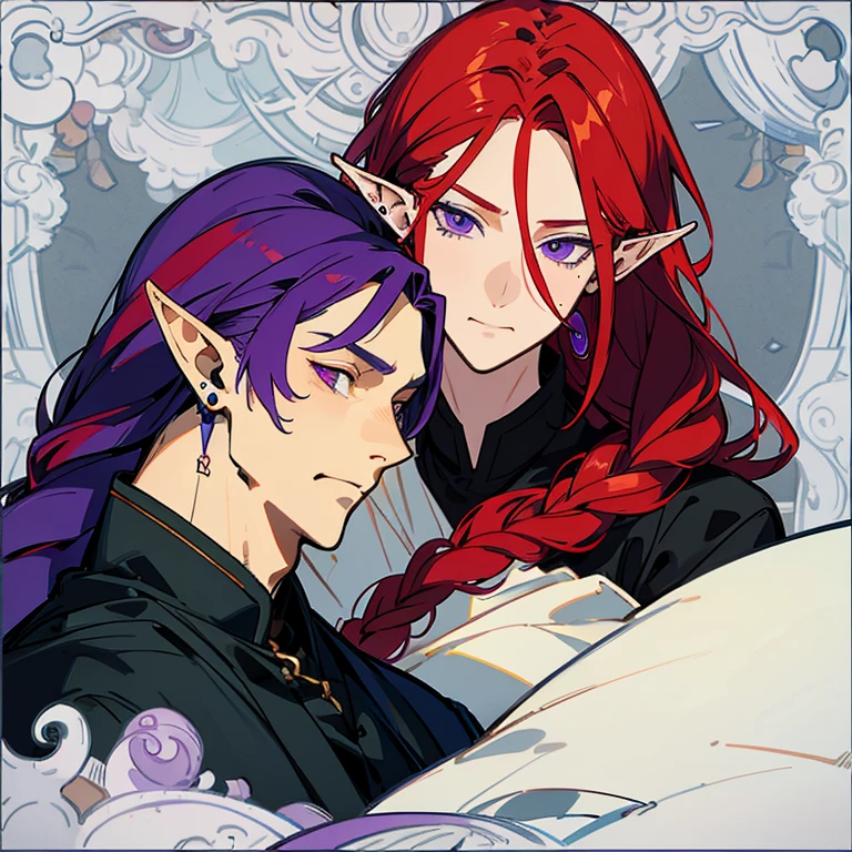 a half-elf and human, with long braided red hair and purple eyes, a man with a handsome but also beautiful face who likes to wear an earring in one ear. 