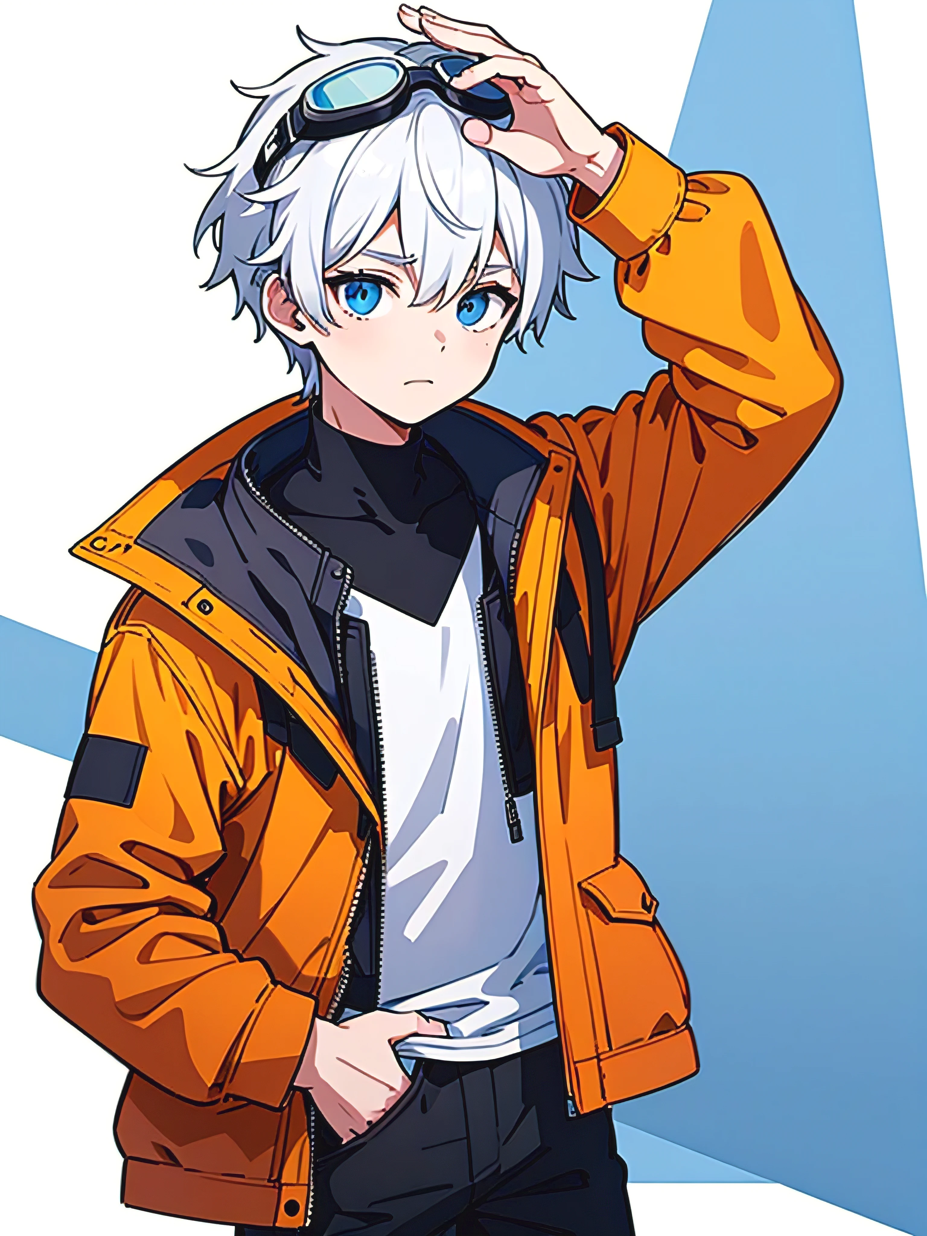 1boy, solo, blue eyes, (detailed eyes), white hair, hair between eyes, (goggles in his head), (waterproof jacket), large jacket, (orange jacket), black shirt, pants, gray pants, standing, (hands in pockets), (((Closed jacket))), upper body, (white background), Transparent background, looking at viewe, ((masterpiece, illustration, best quality)) 