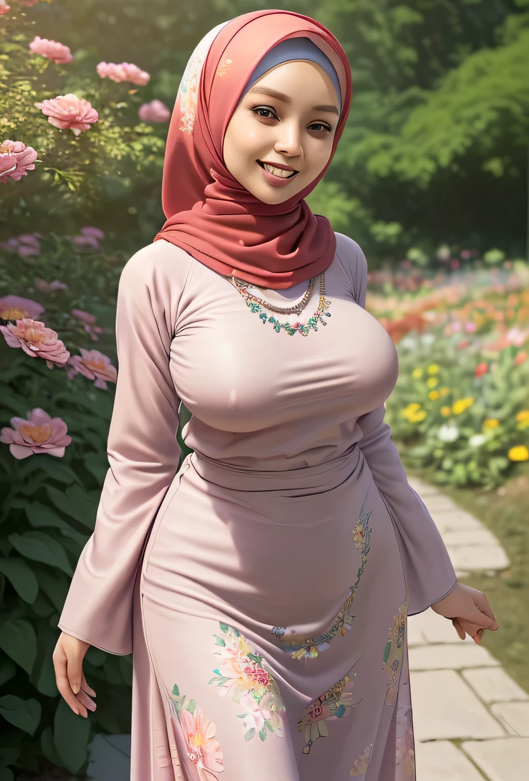 RAW, Best quality, high resolution, Masterpiece: 1.3), Beautiful Malay woman in hijab, Masterpiece, Perfect slim body, ((long Big breasts)), Beautiful big eyes, water eyes, Soft smile, ((wearing tight red pastel floral malay gamis with closed hijab)), simple diamond necklace, ((closed clothes), ((polite clothes)), windy, skin details, skin texture details, wide hips, thick thighs, sexy body, morning time, laughing, happy, bright sunlight, flower garden path, blurred background, bokeh,