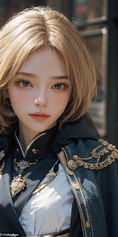 (masterpiece: 1.2, portrait, best quality), realistic, (real picture, complex details, depth of field), best quality, masterpiece, high detail, semi-realistic, 1 girl, shy, 21 years old, short blonde hair, left hairy eyes, Blue eyes, cape, slim figure、tiny breast, prince costume.