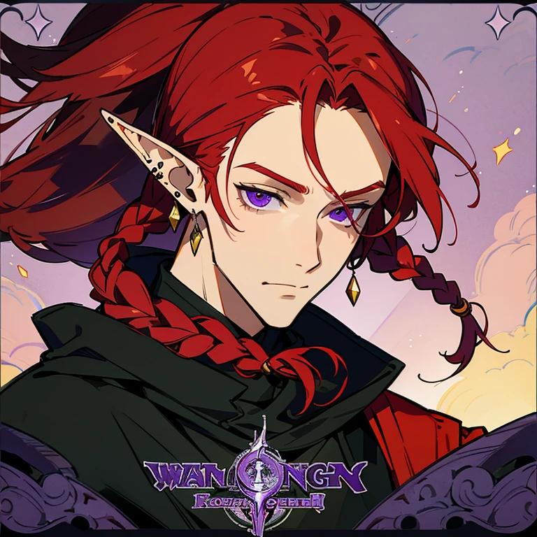 a half-elf man, with long braided red hair and purple eyes, a man with a handsome but also beautiful face who likes to wear an earring in one ear. 