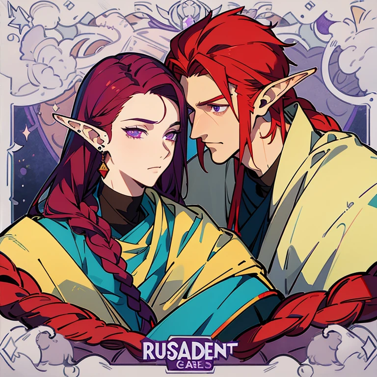 a half-elf man, with long braided red hair and purple eyes, a man with a handsome but also beautiful face who likes to wear an earring in one ear. 