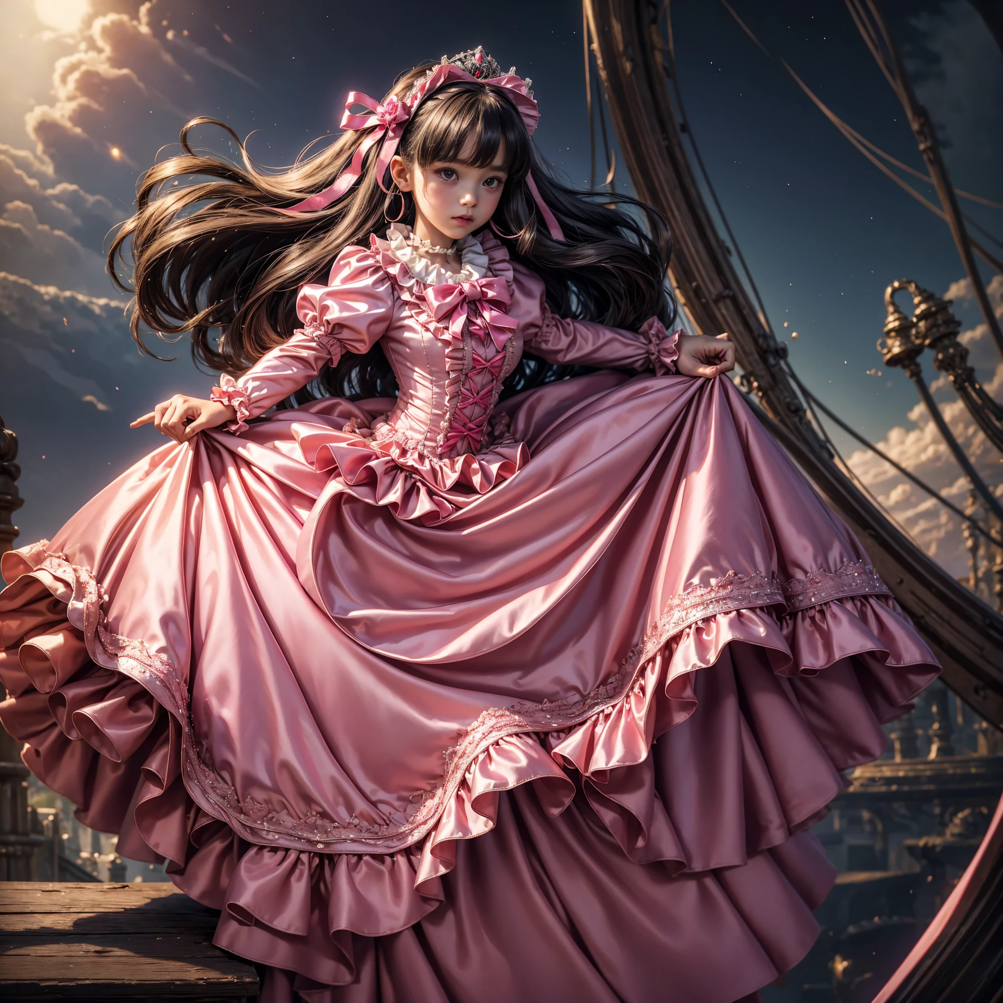 ,highest quality, masterpiece, Highest Resolution, artwork, super それにGet used to it, many Get used to it, Get used to it, それにGet used to it, ,,(()),Super detailed baby face,Princess、Full-length ball gown dress with hoop skirt,Frilled yoke collar,Ribbon woven on chest,Puff sleeves,Long sleeve,((Lolita style hotk detailed princess satin dress、Lots of frills and ribbons。)),crazy'Colorful Fashion,Shiny silk satin dress,Soft and smooth silk satin fabric,luxury,Long blonde hair,blue eyes,White skin European,pajamas,((Inside the palace)),Happy dancing princess,Gorgeous flowing dress,Fine white ruffles and lace,