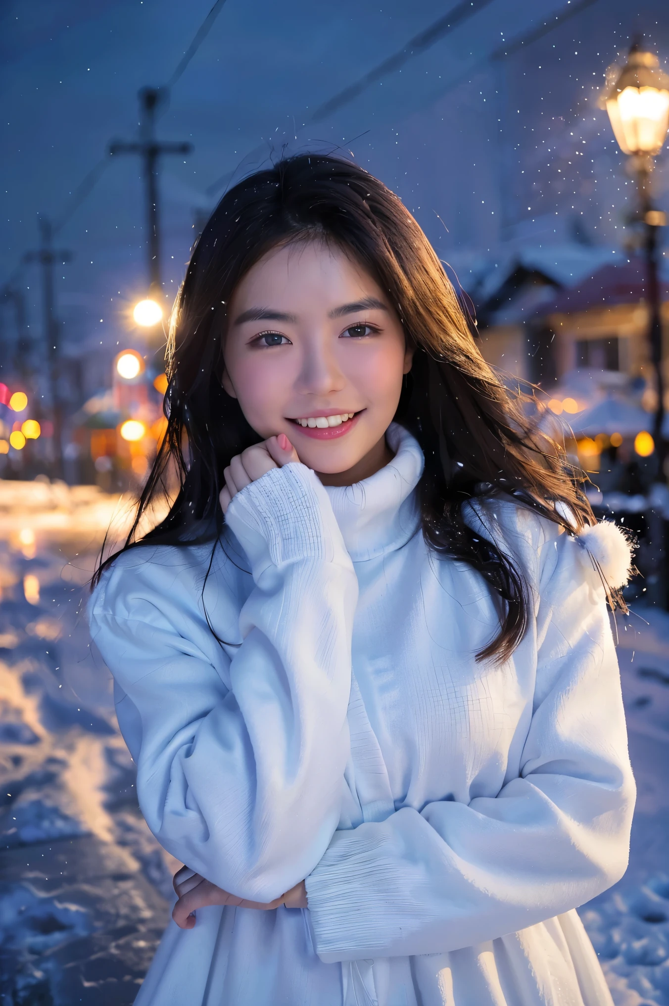 (highest quality、masterpiece、8k、Best image quality、Hyperrealism、Award-winning works)、1 girl、(Made from thick Melton fabric、A perfect and elegant open coat:1.4)、The perfect pink turtleneck knit sweater、Soft indirect lighting、Soft and delicate light、Dramatic lighting effects、(Huge breasts:1.2)、Attractive body、Accentuate your body lines、Romantic snowy night city、Romantic Christmas illuminations、Beautiful night view of the snowy city、The biggest smile looks at me、Sparkling, high-quality snow、Beautiful snow reflecting light、Diamond dust、(Tyndall effect:1.1)、Beautiful snowy scenery、(that&#39;it&#39;s snowing:1.1)、(Snow in the hair:1.1)、Accurate anatomy、(Face close-up:1.1)、Beautiful glossy lipstick, Natural Color、Natural Makeup、Glossy Lips、Ultra HD glossy skin、ultra high definition radiation, Beautiful Skin、Moist and Beautiful Skin、Beautiful Skin glow、超高精細のGlossy Lips、Ultra-high definition sparkling eyes、(Beautiful perfect teeth in super high resolution:1.1)、Please smile widely and show your beautiful teeth.、(perfect beautiful teeth:1.1)