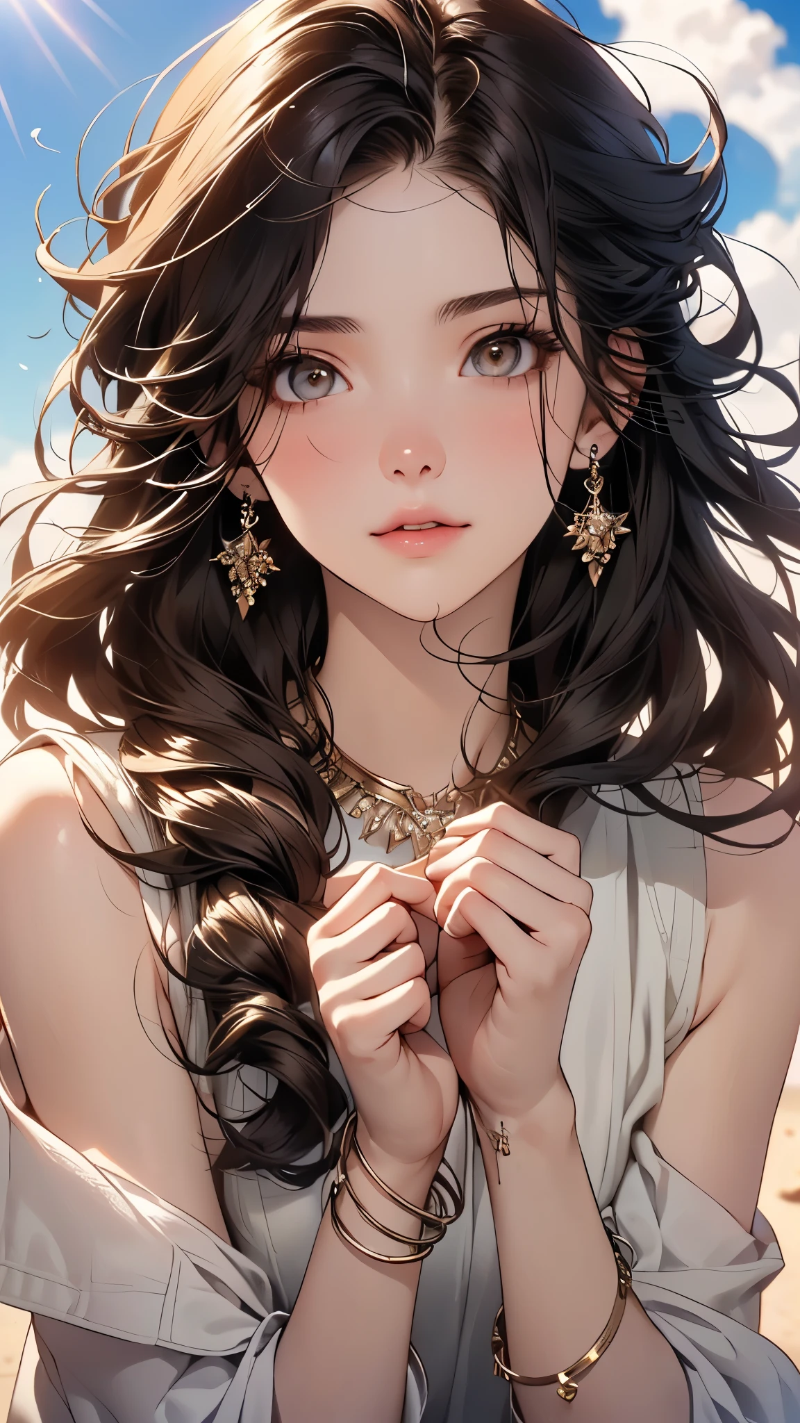 ((Biologically correct limb count))、((Full Body Shot, Full-body photo including face))、4K、masterpiece、((Focus on the face))、((Symmetrical facial features))、Eyes of meticulous depiction、Beautiful woman、Excellent style、Beautiful feet、(High heels)、Facial detailing、Small earrings、necklace、((Close-up photo of the upper body))、(Sleeveless upper body、Box Pleated Cart)、Strong sunlight、Scene of walking on the beach、Holding down your hair、Hime cut、Brown Hair