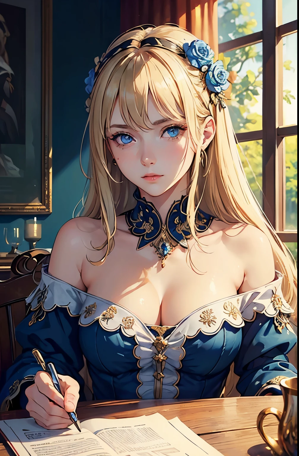 (masterpiece: 1.2, best quality), Practical, (Practical Picture, Intricate details, Depth of Field), best quality, masterpiece, Very detailed, Semi Practical, 1 girl, Mature female, 21 years old, blond, Shoulder-length hair, Left eye covered by hair, blue eyes, King&#39;s Clothes, Red cape, Slim body, A crown made of precious gold, Read the documentation, Tag the file, quill, desk, Soft stool, palace, 在palace殿里, In the Middle Ages