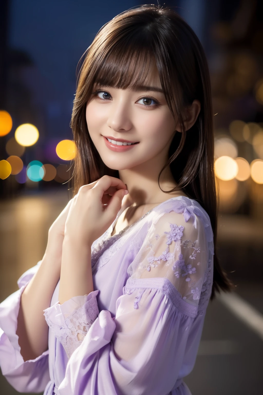 1 girl,(Wearing a lilac blouse:1.2),(Raw photo, highest quality), (realistic, Photoreal:1.4), table top, Very delicate and beautiful, very detailed, 2k wallpaper, wonderful, In detail, Very detailed CG Unity 8K wallpaper, very detailed, High resolution, soft light, Beautiful detailed girl, very detailed目と顔, beautifully detailed nose, detailed and beautiful eyes,Cinematic lighting,night city lights,perfect anatomy,Slender body,smile