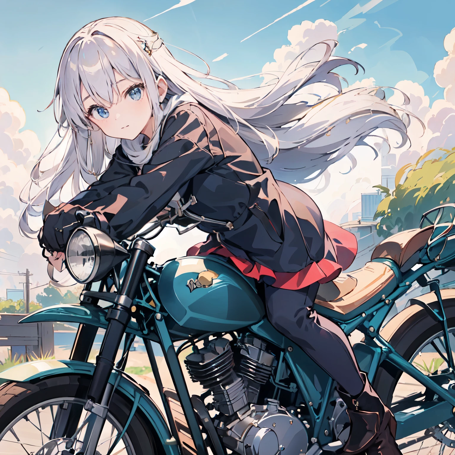 (Ride a classic motorcycle )、（Goggles and helmet）、 summer, Wind, scratch, sun,, Perfect face and blonde hair、軽やかなsummerのドレスを体に纏い、Delicate beauty in black boots、