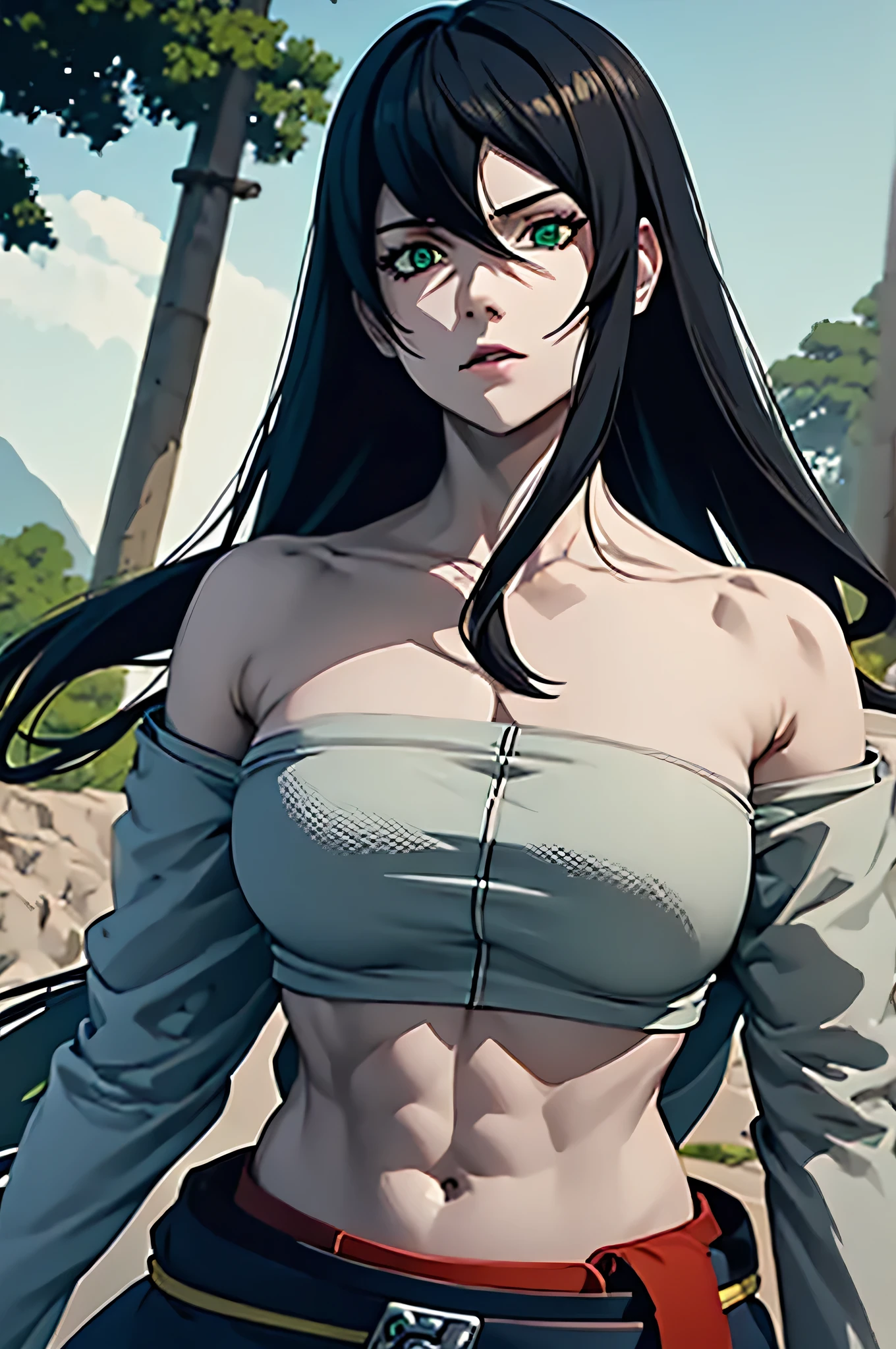 ((masterpiece, highest quality)), (solo focus), (perfect face:1.1), (high detail:1.1),dramatic, 1girl, (pale skin), Green eyes: 1.5, solo, long black hair, Hair over one eye), detailed background, Green shoulderless Kimono, earthbender, Mei from Naruto, (Abs:1.2),