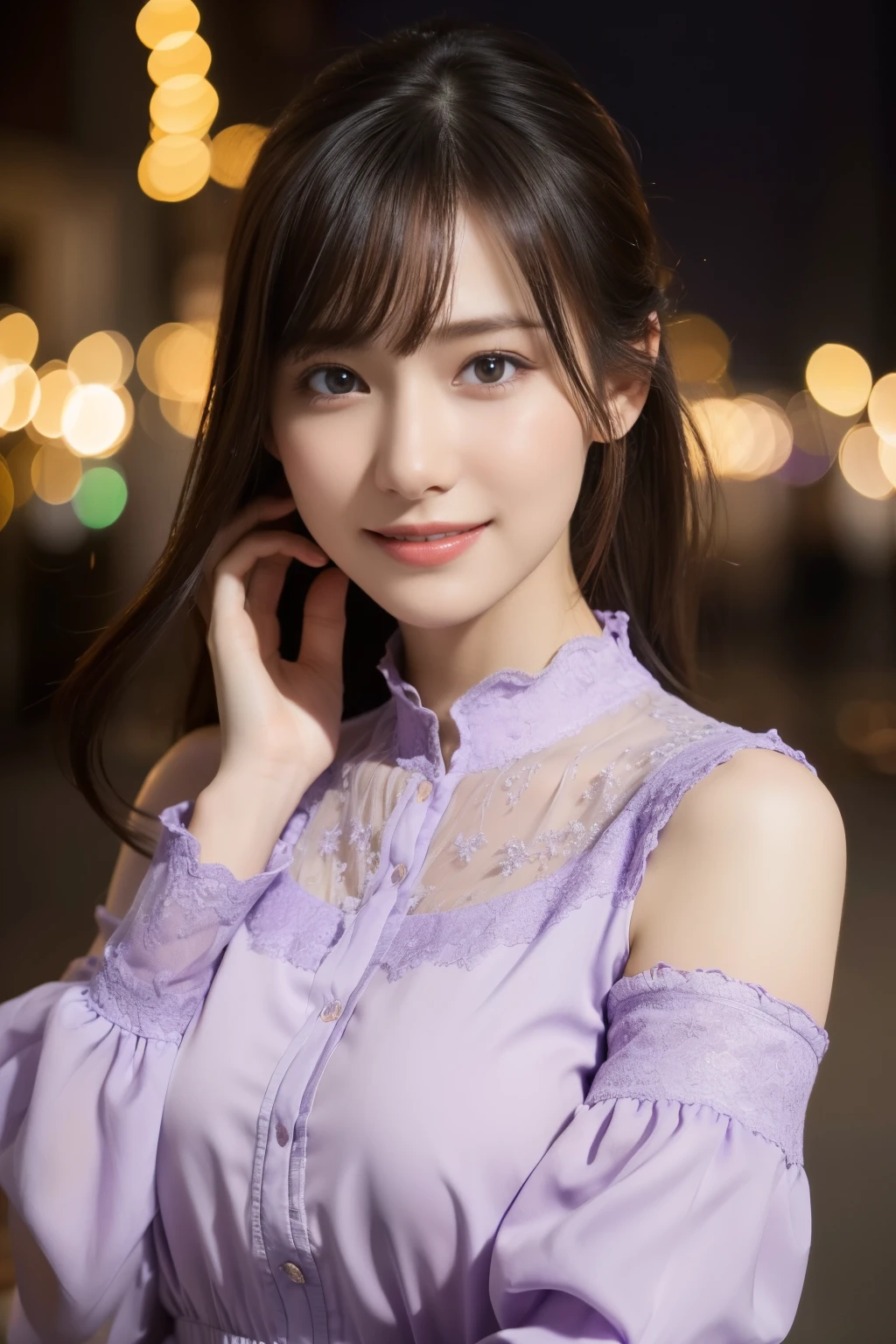 1 girl,(Wearing a lilac blouse:1.2),(Raw photo, highest quality), (realistic, Photoreal:1.4), table top, Very delicate and beautiful, very detailed, 2k wallpaper, wonderful, In detail, Very detailed CG Unity 8K wallpaper, very detailed, High resolution, soft light, Beautiful detailed girl, very detailed目と顔, beautifully detailed nose, detailed and beautiful eyes,Cinematic lighting,night city lights,perfect anatomy,Slender body,smile