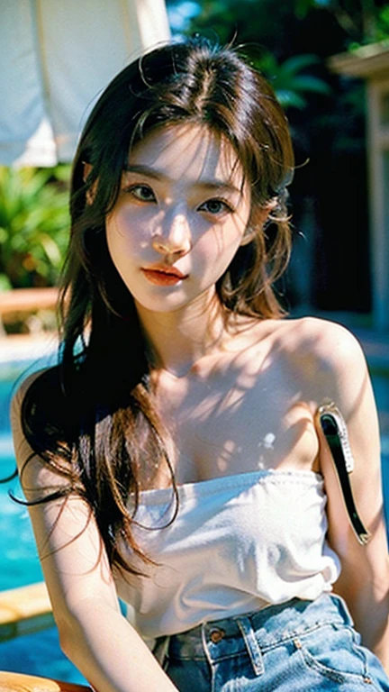 {top-quality}, {{masterpiece}}, {extremely delicate and beautiful},Outstanding light and shadow, highly detailed wallpaper,Clear and bright sunlight,1girl in,naked、gaze looking beyond,red blush,Strong sunshine,delicate and messy hair,realistic skin textures, Pronounced pores and skin wrinkles,tropical rainforest,((strong light shines on the face)), The upper part of the body, naked portrait, nude photography, detailed armpit, pussy pubic hair, shiny nipple