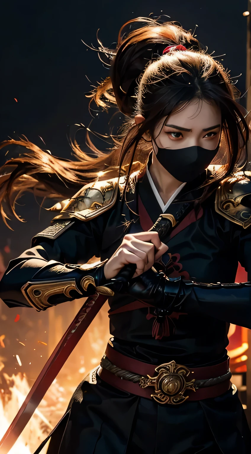 8K,Photorealsitic Raw photography top-quality;1.4) (hermosa mujer) Super handsome (Lifelike face) Boy with Japan sword on his waist Black and red samurai armor Black and red trousers(Golden decoration),masked, Glowing red eyes glaring at you 超A high resolution A hyper-realistic real looking skin enticing Beautiful expression Demon Hunters of Beast City combat scene, attack mode Iai Slash Intense red aura from the body(Red effect)