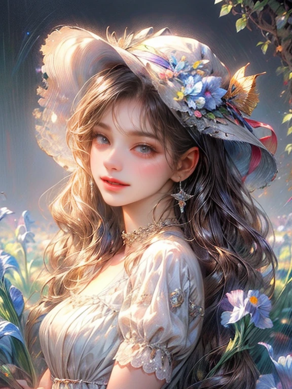 masterpiece:1.2,highest quality, 16k, ultra-realistic:1.37, beautiful detailed, cute girl, standing stylish sun shade formal hat with ribbon and vibrant colors irises ornaments, through bangs, long eyelash, sparkling eyes, shining lips, gently smile, beautiful delicate(hat, ornament, hair, face, eyelash, eyes, pupils, lips, hands, white dress, anklet), garden(flowers, irises, butterfly, pond)