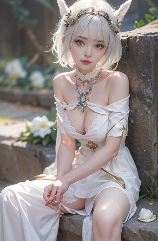 beautiful young woman in a short dress, (Detailed eyes: 1.2), 25 years, in the park, White hair, complex parts, Beautiful face, long eyelashes, perfect skin, charming smile, gorgeous hair, Stylish outfit, relaxed posture, natural light, bright colors, serene atmosphere, masterpiece, photorealistic, 8k, Extremely detailed